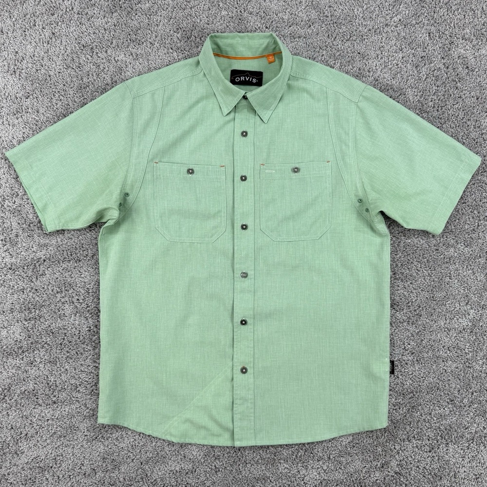 Orvis Tech Chambray Shirt Mens M Green Short Sleeve Button Down Fishing Outdoors